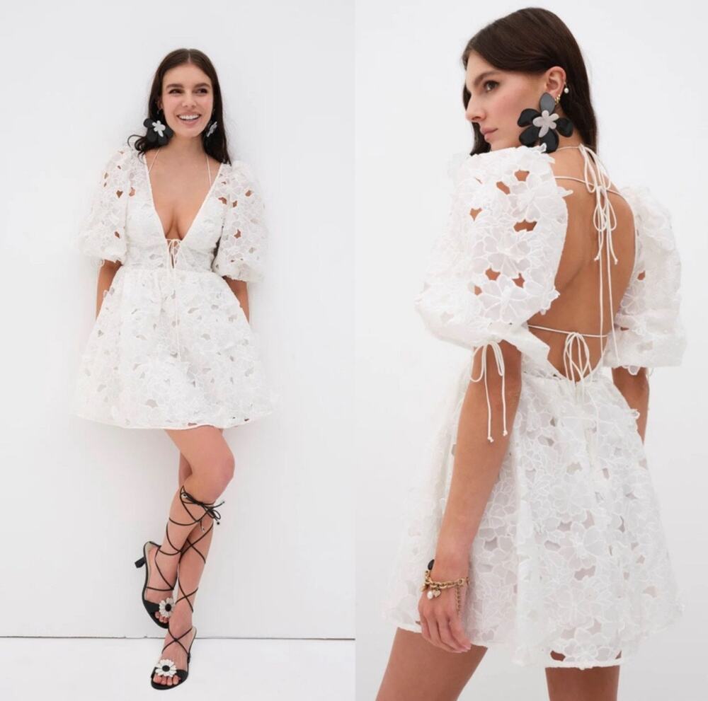 For Love & Lemons white Leighton floral puff mini dress
